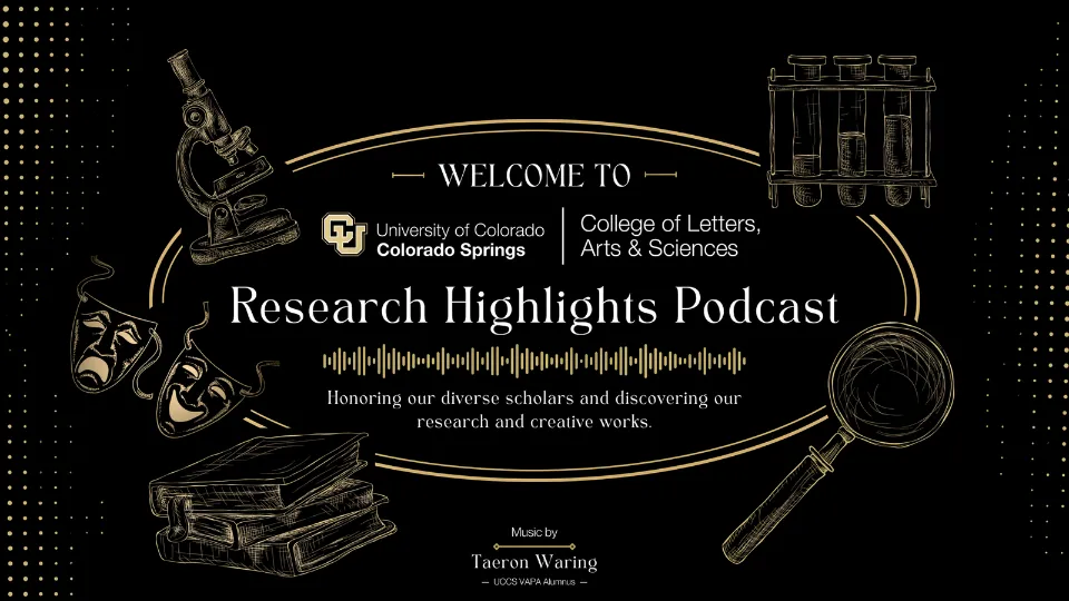 Graphic for the podcast social media pages with black background and gold illustrated objects surrounding the central text